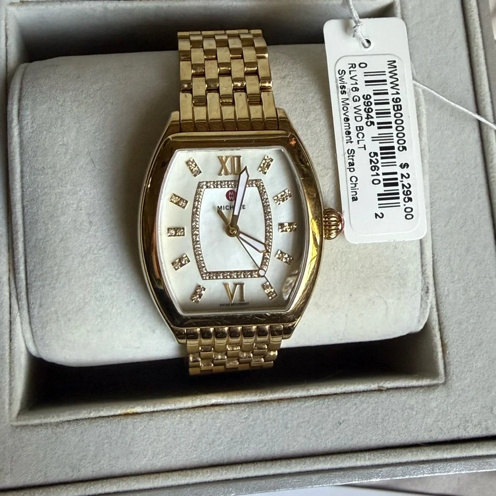 Michele Relevé Diamond Dial Watch Head & Interchangeable band, 31mm x 32mm- gold
